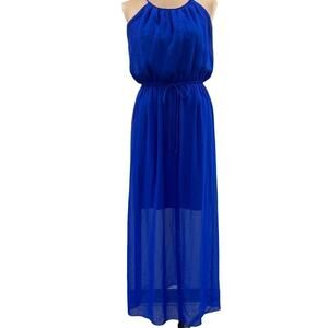 Sweet‎ Storm royal blue chiffon overlay high neck sleeveless maxi dress